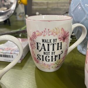 Walk by faith coffee cup.